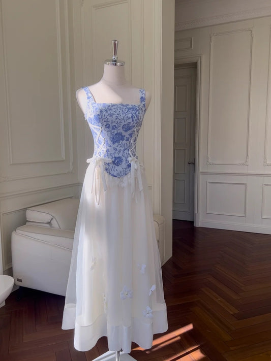 Fashion Square Neck Floral Prom Dress Lace-Up A-Line Long Evening Dress GG5882