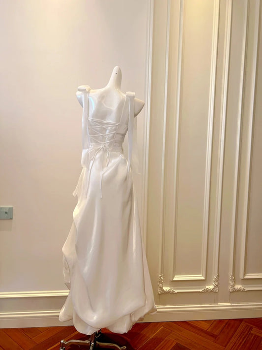 Lustrous Bows White Prom Dress Satin Long Evening Dress GG5883