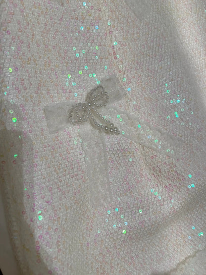 Glittering Spaghetti Straps Homecoming Dress White Bows Birthday Dress Sequins Beads A-Line Mini Dress GG5885