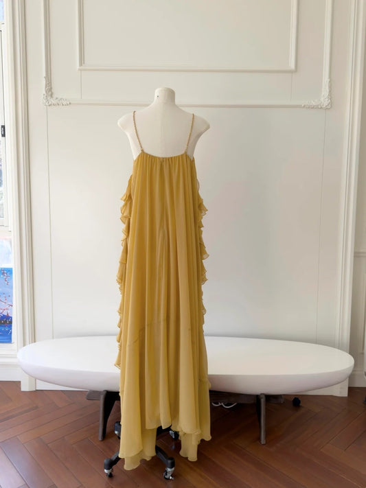 Flowy Spaghetti Straps Yellow Prom Dress Ruffles Chiffon A-Line Evening Dress GG5886