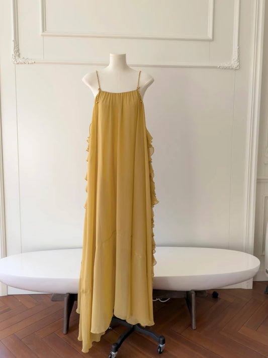 Flowy Spaghetti Straps Yellow Prom Dress Ruffles Chiffon A-Line Evening Dress GG5886