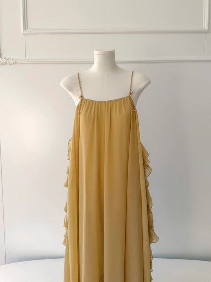 Flowy Spaghetti Straps Yellow Prom Dress Ruffles Chiffon A-Line Evening Dress GG5886
