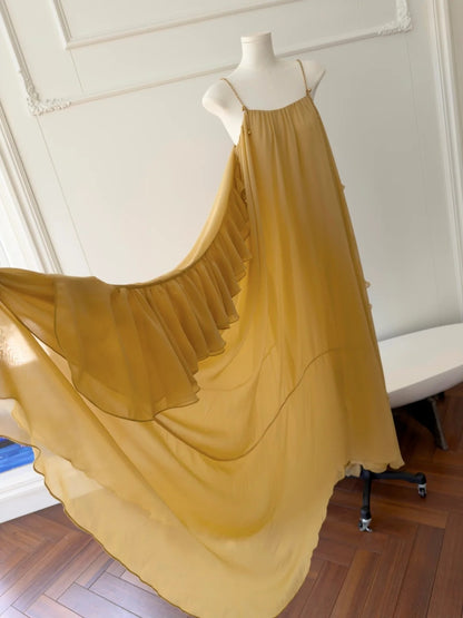 Flowy Spaghetti Straps Yellow Prom Dress Ruffles Chiffon A-Line Evening Dress GG5886