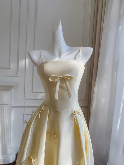 Graceful Spaghetti Straps Yellow Prom Dress Bows Satin A-Line Evening Dress GG5887
