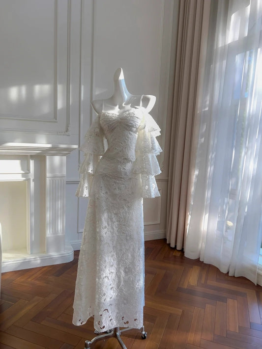 Glittering A-Line White Prom Dress Long Sleeve Sequins Evening Dress GG5888