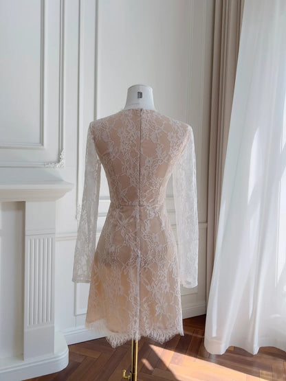 Adorable A-Line Homecoming Dress Lace  Birthday Dress Long Sleeve Bows Mini Dress GG5889