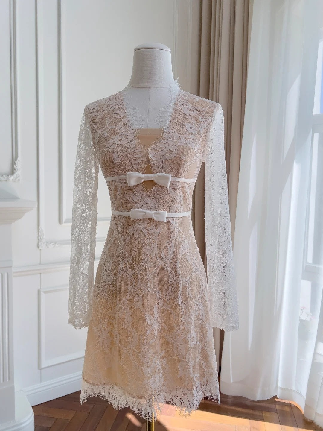 Adorable A-Line Homecoming Dress Lace  Birthday Dress Long Sleeve Bows Mini Dress GG5889