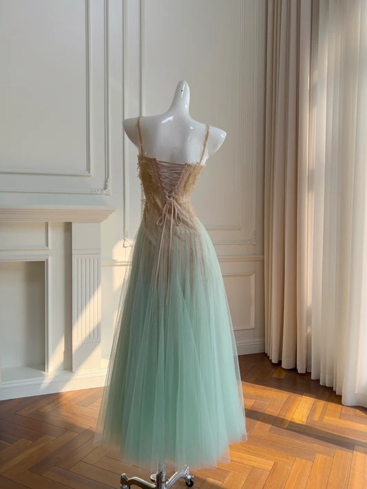 Ethereal Spaghetti Straps Tulle Prom Dress Lace Sequins A-Line Evening Dress GG5891