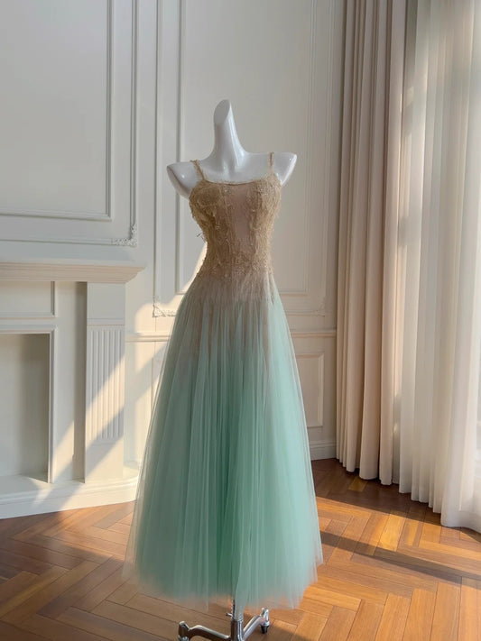 Ethereal Spaghetti Straps Tulle Prom Dress Lace Sequins A-Line Evening Dress GG5891