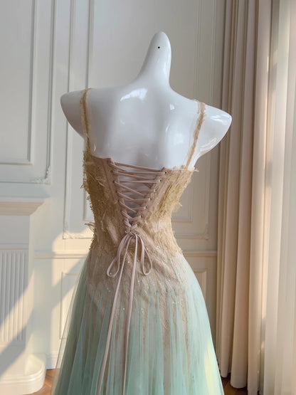 Ethereal Spaghetti Straps Tulle Prom Dress Lace Sequins A-Line Evening Dress GG5891