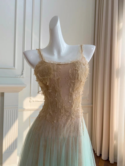 Ethereal Spaghetti Straps Tulle Prom Dress Lace Sequins A-Line Evening Dress GG5891