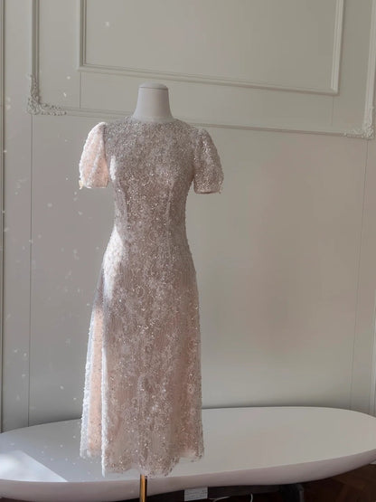 Sparkly Short Sleeve Light Pink Prom Dress Lace Sequins A-Line Evening Dress GG5892