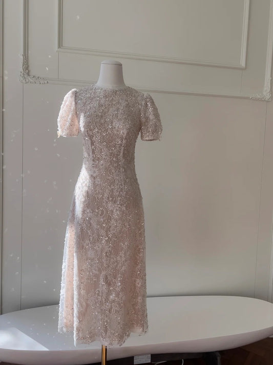 Sparkly Short Sleeve Light Pink Prom Dress Lace Sequins A-Line Evening Dress GG5892