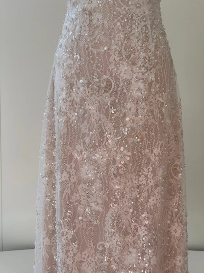 Sparkly Short Sleeve Light Pink Prom Dress Lace Sequins A-Line Evening Dress GG5892
