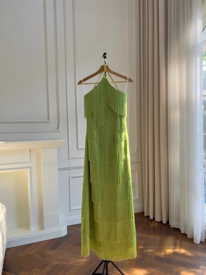 Retro Halter Neck Green Prom Dress Tassel A-Line Evening Dress GG5893