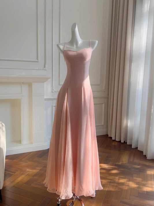 Simple Spaghetti Straps Pink Prom Dress Satin Tulle A-Line Evening Dress GG5894