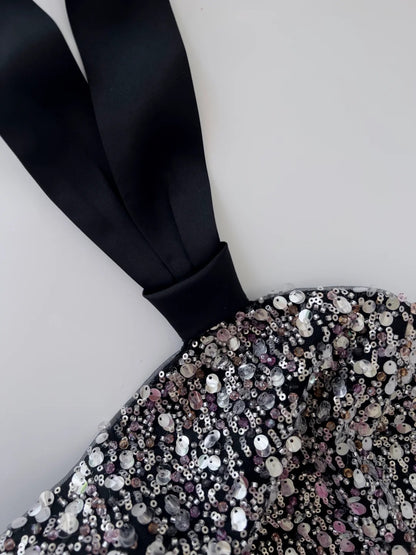 Sexy Black Homecoming Dress Sequins Birthday Dress Sheath Halter Mini Dress GG5895