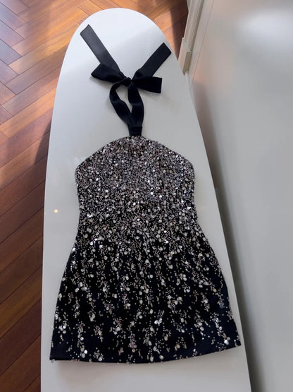 Sexy Black Homecoming Dress Sequins Birthday Dress Sheath Halter Mini Dress GG5895