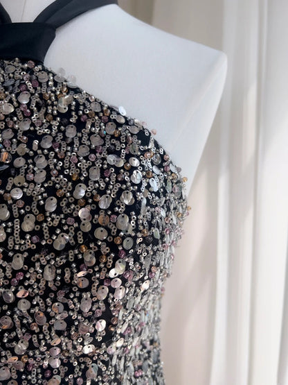 Sexy Black Homecoming Dress Sequins Birthday Dress Sheath Halter Mini Dress GG5895