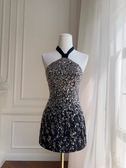 Sexy Black Homecoming Dress Sequins Birthday Dress Sheath Halter Mini Dress GG5895