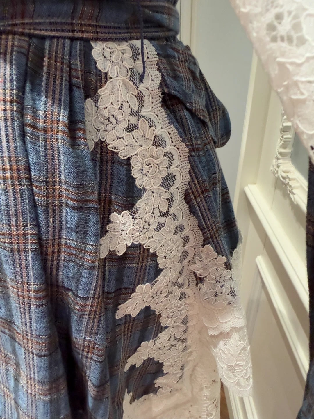 Vintage Plaid Homecoming Dress Lace Birthday Dress Long Sleeve Mini Dress GG5897