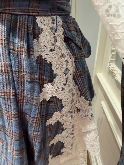 Vintage Plaid Homecoming Dress Lace Birthday Dress Long Sleeve Mini Dress GG5897