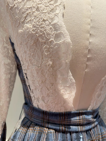 Vintage Plaid Homecoming Dress Lace Birthday Dress Long Sleeve Mini Dress GG5897