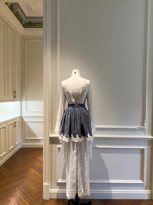 Vintage Plaid Homecoming Dress Lace Birthday Dress Long Sleeve Mini Dress GG5897