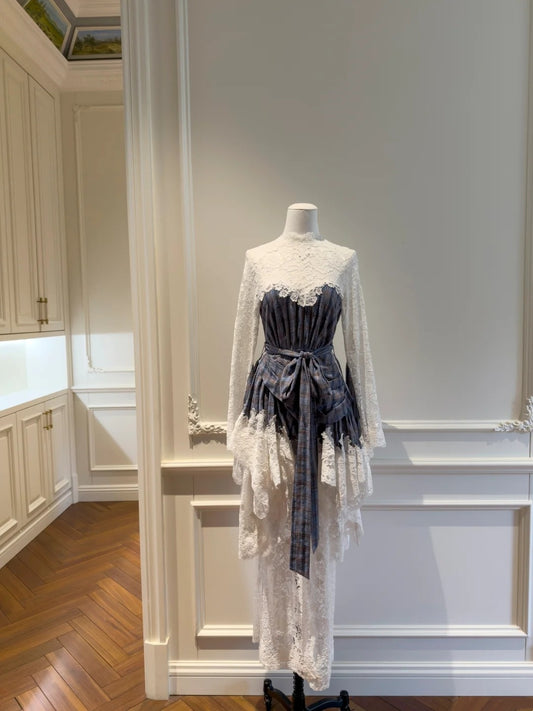 Vintage Plaid Homecoming Dress Lace Birthday Dress Long Sleeve Mini Dress GG5897