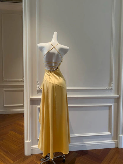 Unique Yellow Homecoming Dress Ruffled Halter Birthday Dress A-Line Mini Dress GG5898