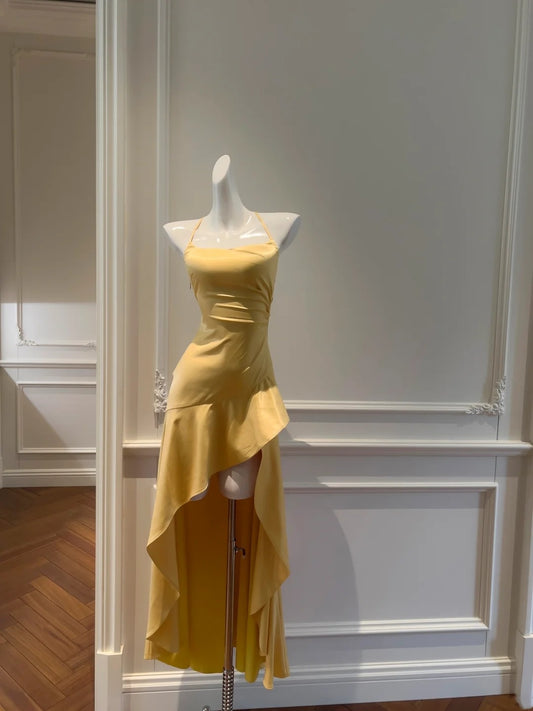 Unique Yellow Homecoming Dress Ruffled Halter Birthday Dress A-Line Mini Dress GG5898