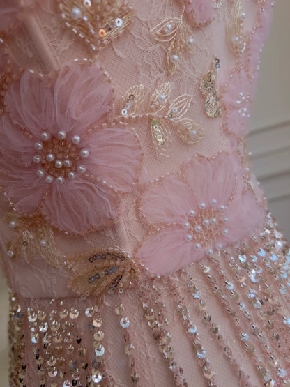 Glittering Spaghetti Straps Pink Prom Dress Sequins Beading Tassel Evening Dress GG5899