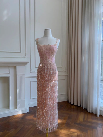 Glittering Spaghetti Straps Pink Prom Dress Sequins Beading Tassel Evening Dress GG5899