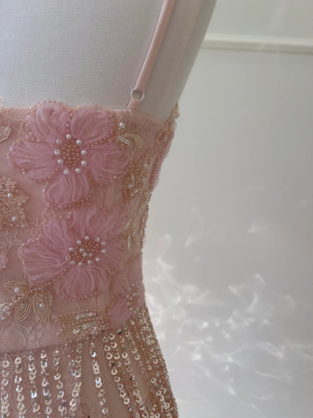 Glittering Spaghetti Straps Pink Prom Dress Sequins Beading Tassel Evening Dress GG5899