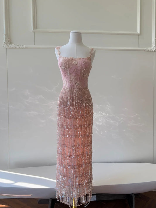 Glittering Spaghetti Straps Pink Prom Dress Sequins Beading Tassel Evening Dress GG5899