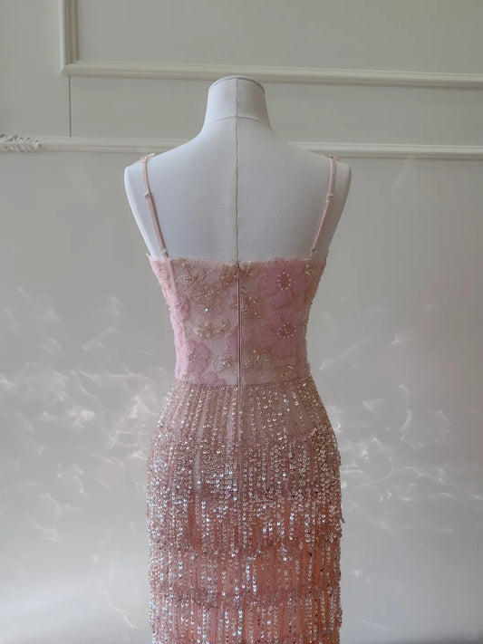 Glittering Spaghetti Straps Pink Prom Dress Sequins Beading Tassel Evening Dress GG5899