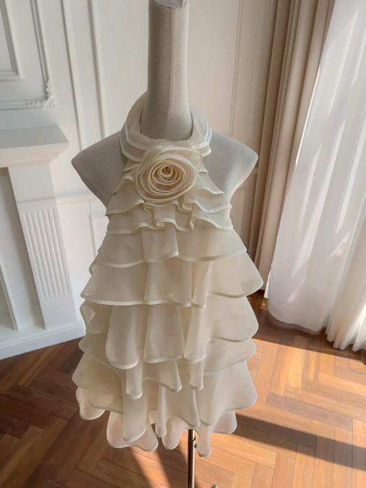 Romantic Tiered Homecoming Dress 3D Flower Birthday Dress Halter A-Line Mini Dress GG5901