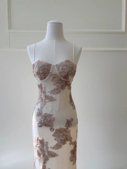 Retro Spaghetti Straps Prom Dress Textured Florals Evening Dress GG5902
