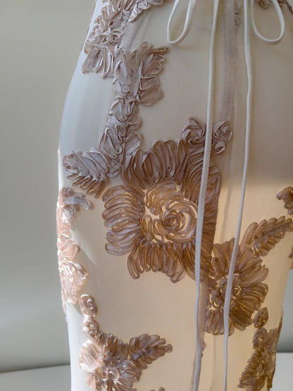 Retro Spaghetti Straps Prom Dress Textured Florals Evening Dress GG5902