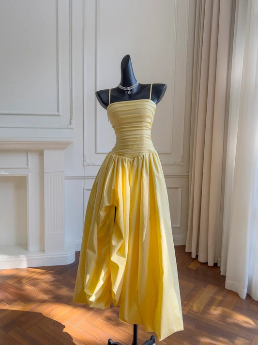 Simple Spaghetti Straps Yellow Prom Dress Ruched A-Line Evening Dress GG5903