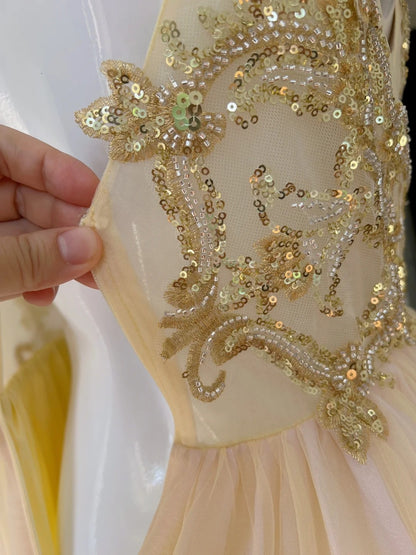 Sparkly Spaghetti Straps Tulle Prom Dress Sequins A-Line Evening Dress GG5904