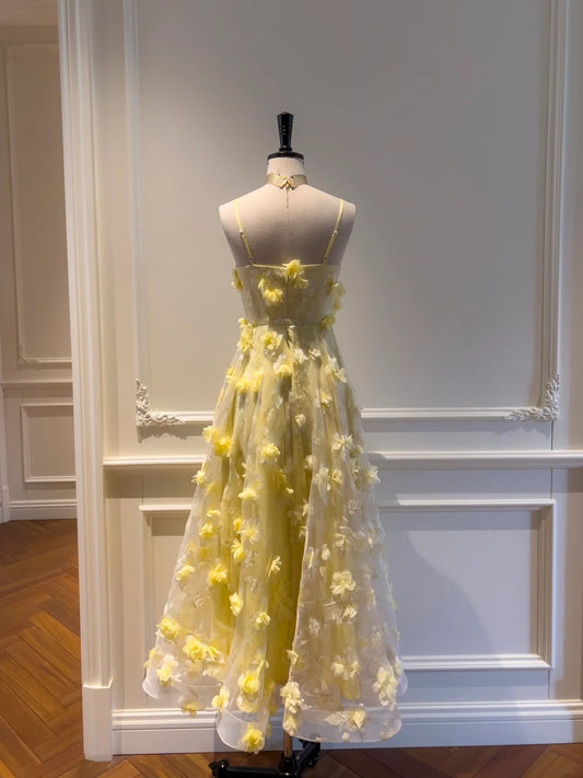 Lovely Spaghetti Straps Yellow Prom Dress Appliques A-Line Evening Dress GG5905
