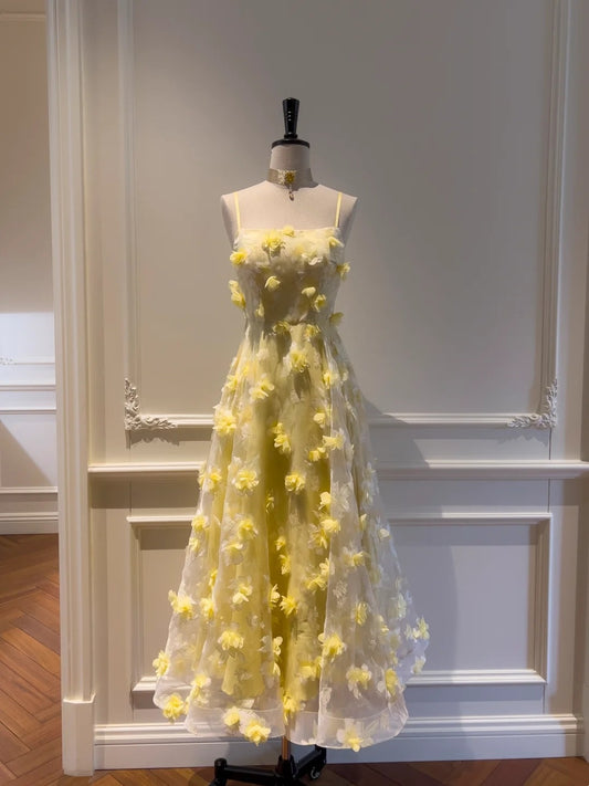 Lovely Spaghetti Straps Yellow Prom Dress Appliques A-Line Evening Dress GG5905