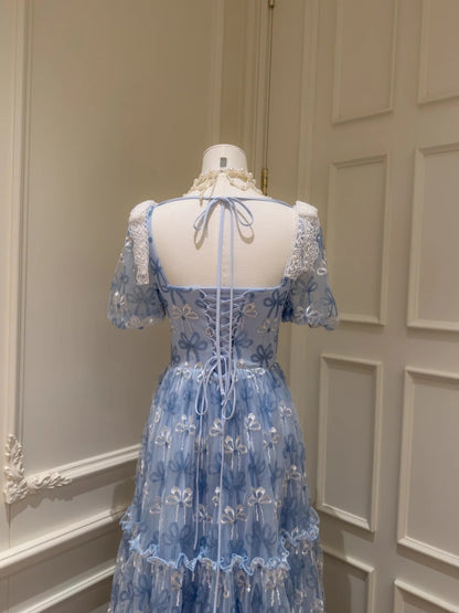 Romantic Short Sleeve Blue Prom Dress Bows A-Line Evening Dress GG5906
