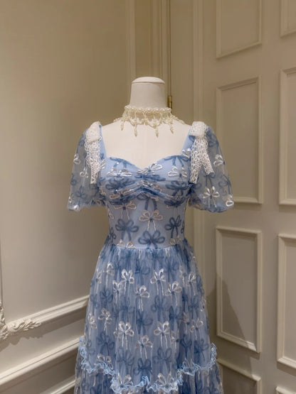 Romantic Short Sleeve Blue Prom Dress Bows A-Line Evening Dress GG5906