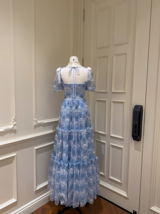 Romantic Short Sleeve Blue Prom Dress Bows A-Line Evening Dress GG5906