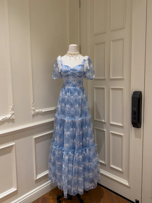 Romantic Short Sleeve Blue Prom Dress Bows A-Line Evening Dress GG5906