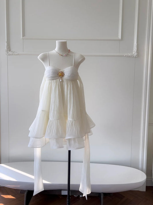 Ethereal White Homecoming Dress Spaghetti Straps Birthday Dress A-Line Mini Dress GG5908