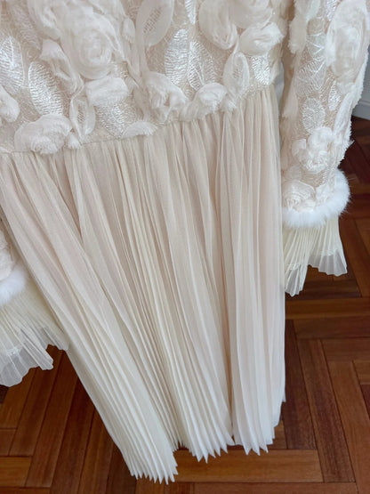 Charming Floral Pleated Prom Dress Long Sleeve A-Line Evening Dress GG5909