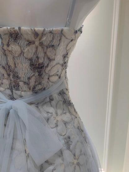 Glittering Sequins Floral Blue Prom Dress Spaghetti Straps A-Line Evening Dress GG5911